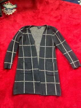 Open-Front Windowpane Cardigan Sweater - Black/Cream